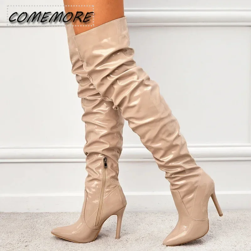 Red Women Over The Knee Boots High Heels Patent Leather Solid Pointed Toe Stiletto Side Zipper Thigh High Boots Fashion Party PU