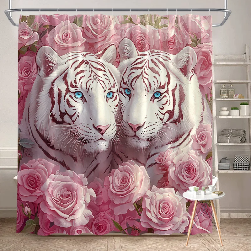 

Tiger and Rose Shower Curtain 180x180cm – White Tiger with Blue Eyes, Pink Floral Bathroom Decor, 12 Hooks