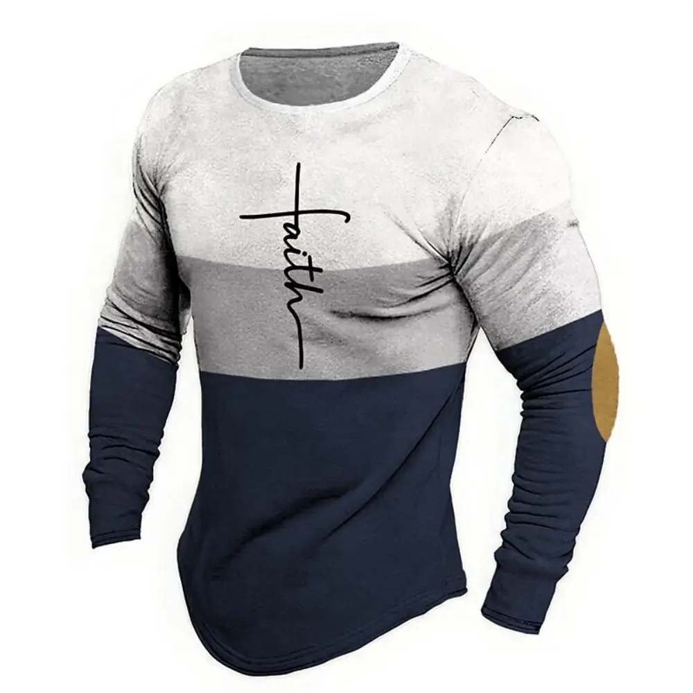 

New Men T-Shirt Cotton Long Sleeve Top Fashionable Color Block Print Cross Graphic Clothe Oversized Autumn T Shirt Men Shirt Tee