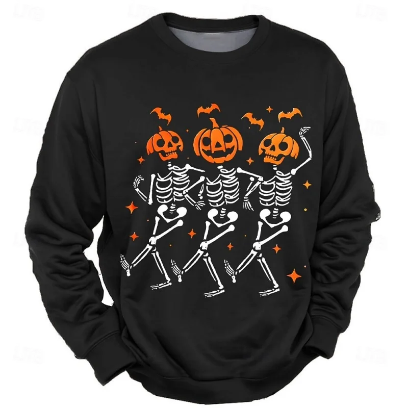 

3D Printed Pumpkin Bat Skull Sweatshirt For Men Halloween Pattern Long Sleeves Pullovers Autumn Casual Loose Round Neck Hoodie