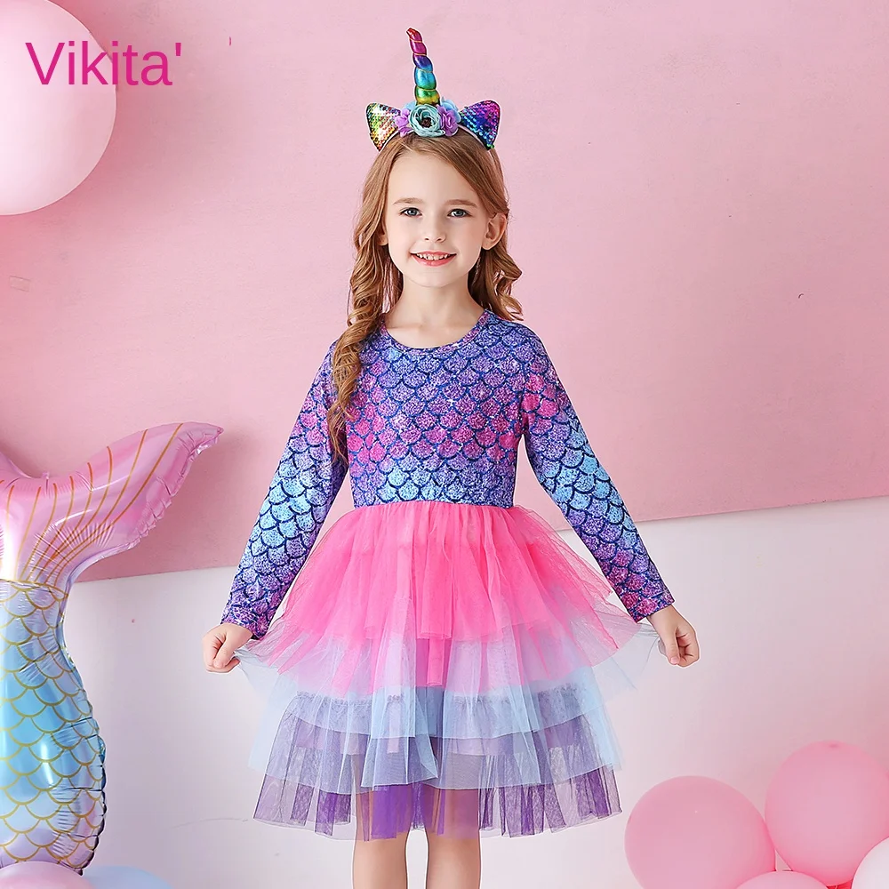 VIKITA-Robe Tutu en Tulle à Manches sulfpour Fille, Tenue de Princesse, Imprimée Sirène, Dégradé Coloré