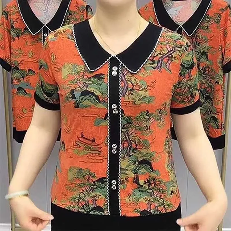 Vintage Printed Lapel Spliced Button Short Sleeve Blouses Women's Clothing 2024 Spring New Loose Casual Tops Office Lady Shirts
