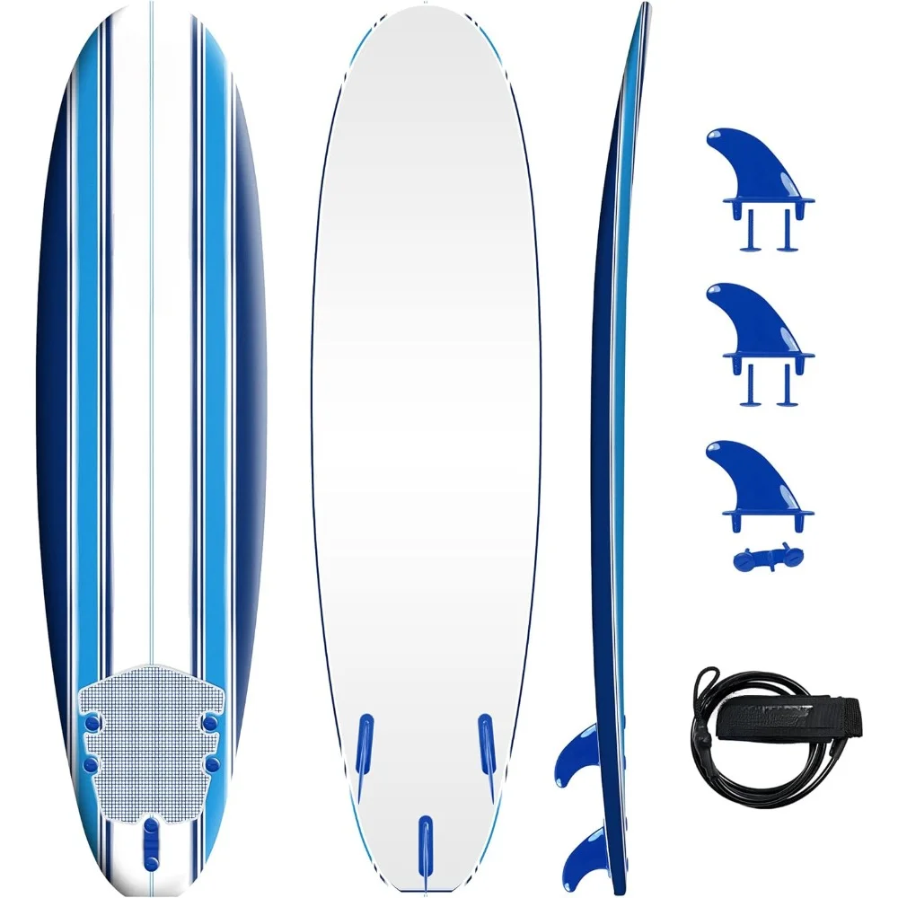 Soft-top foam surfboard for beginners and all surfing levels, including leash and multiple fins thermal lamination