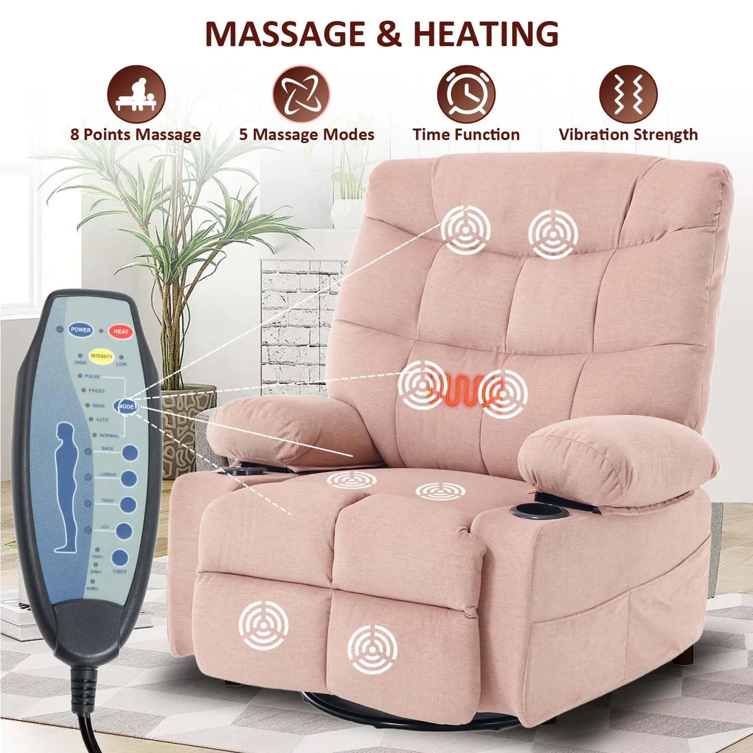 Swivel Rocker Recliner Chair With Massage And Heat, Fabric Heated Reclining Chairs Manual Recliner For Adults, Nursery Rocking G