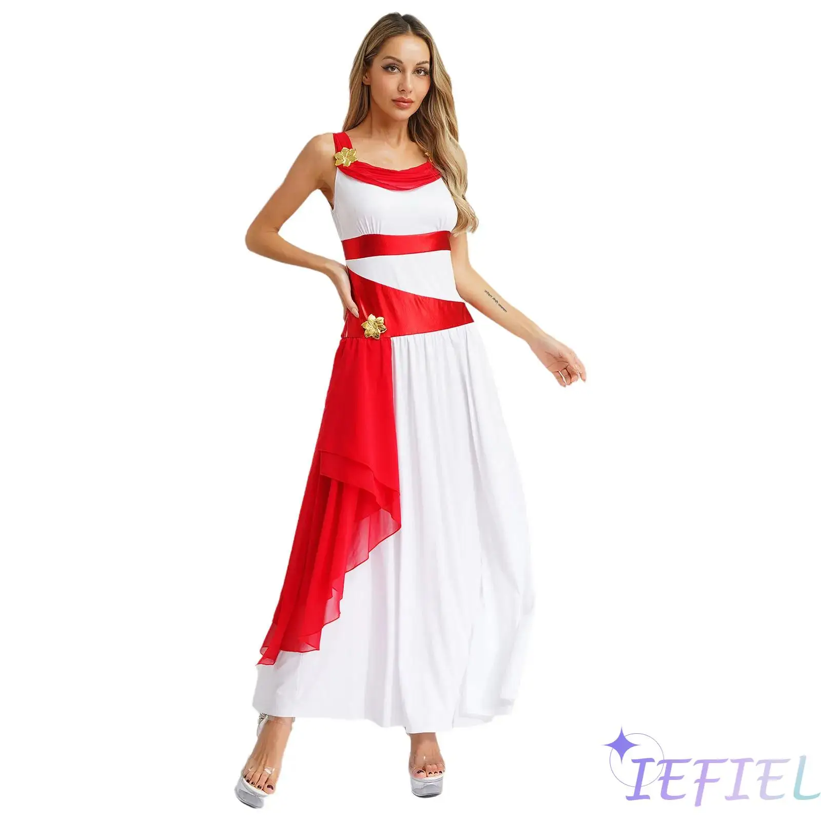 

Women Ancient Grecian Queen Cosplay Costume Sleeveless Flower Decoration Color Block Chiffon Dress Halloween Role Play Costume