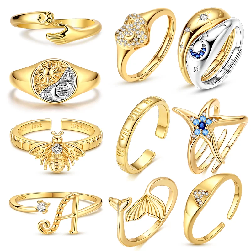 Adjustable Ring 925 Sterling Silver Original Music Note Sun Moon Starfish Open Rings For Women Wedding Jewelry Gift