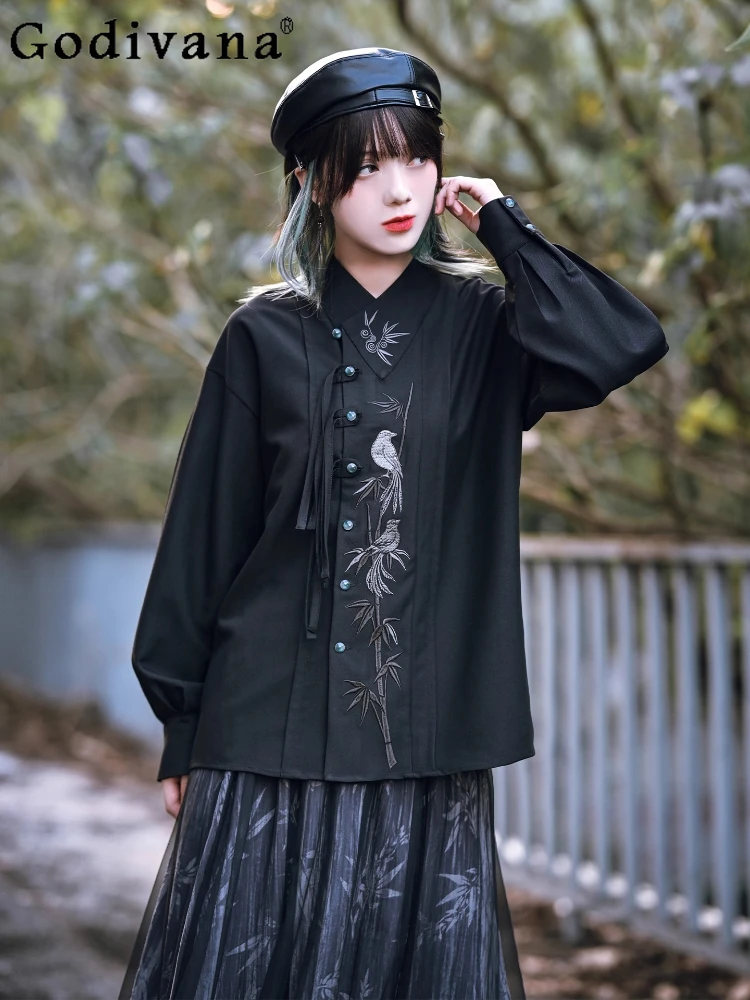 

Unique Temperament Skew Collar Tassel Chinese Lolita Long Sleeve Black Shirt Embroidery Loose Fashion Age-reducing Versatile Top