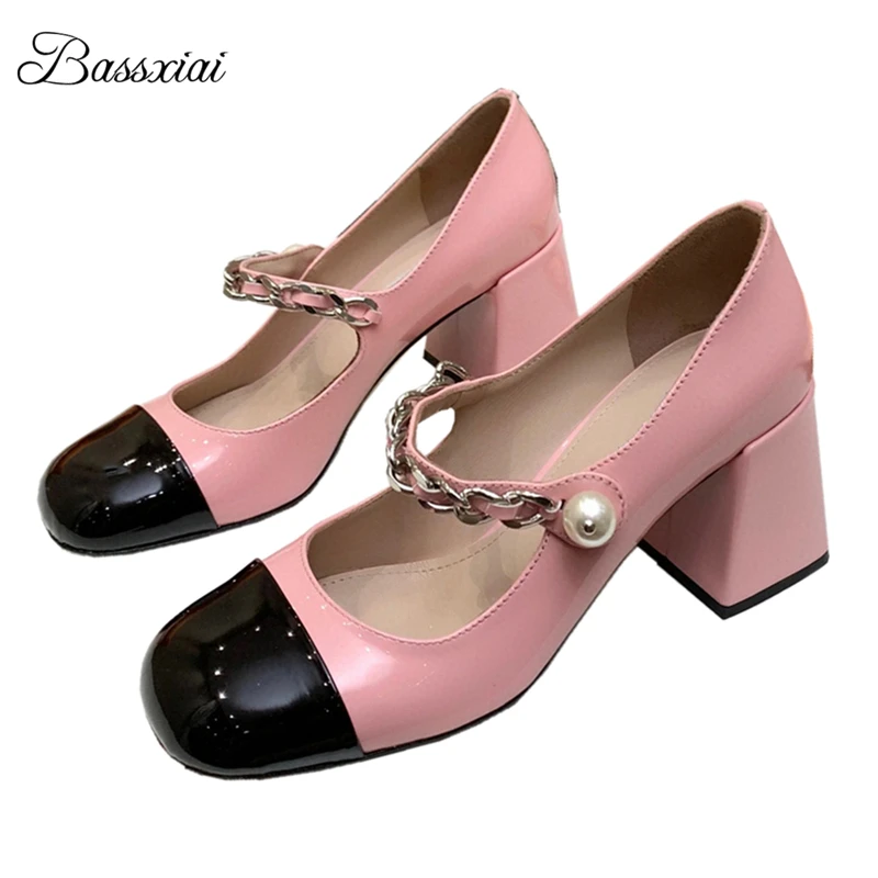 

Chains Pearl Decor Strap Women Pumps Luxury Patent Leather Mixed Color Thick Heel Mary Janes For Girls