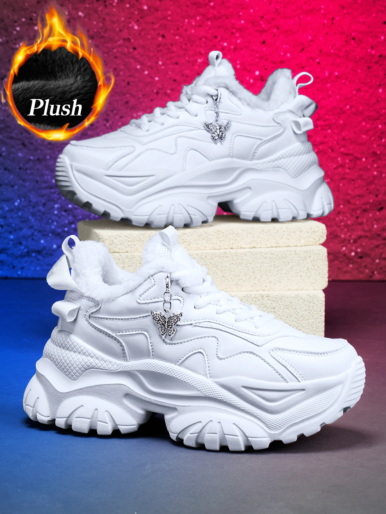 Damen-Winterschuhe für den Außenbereich, modische, vulkanisierte Schuhe, Eva, leicht, mit dicker Sohle, 7 cm Absatzhöhe, lässige Sneaker mit abnehmbarem, silberfarbenem Schmetterlingsanhänger im Punk-Stil, bequeme und warme weiße Schuhe für den täglichen Gebrauch. – Detail 4