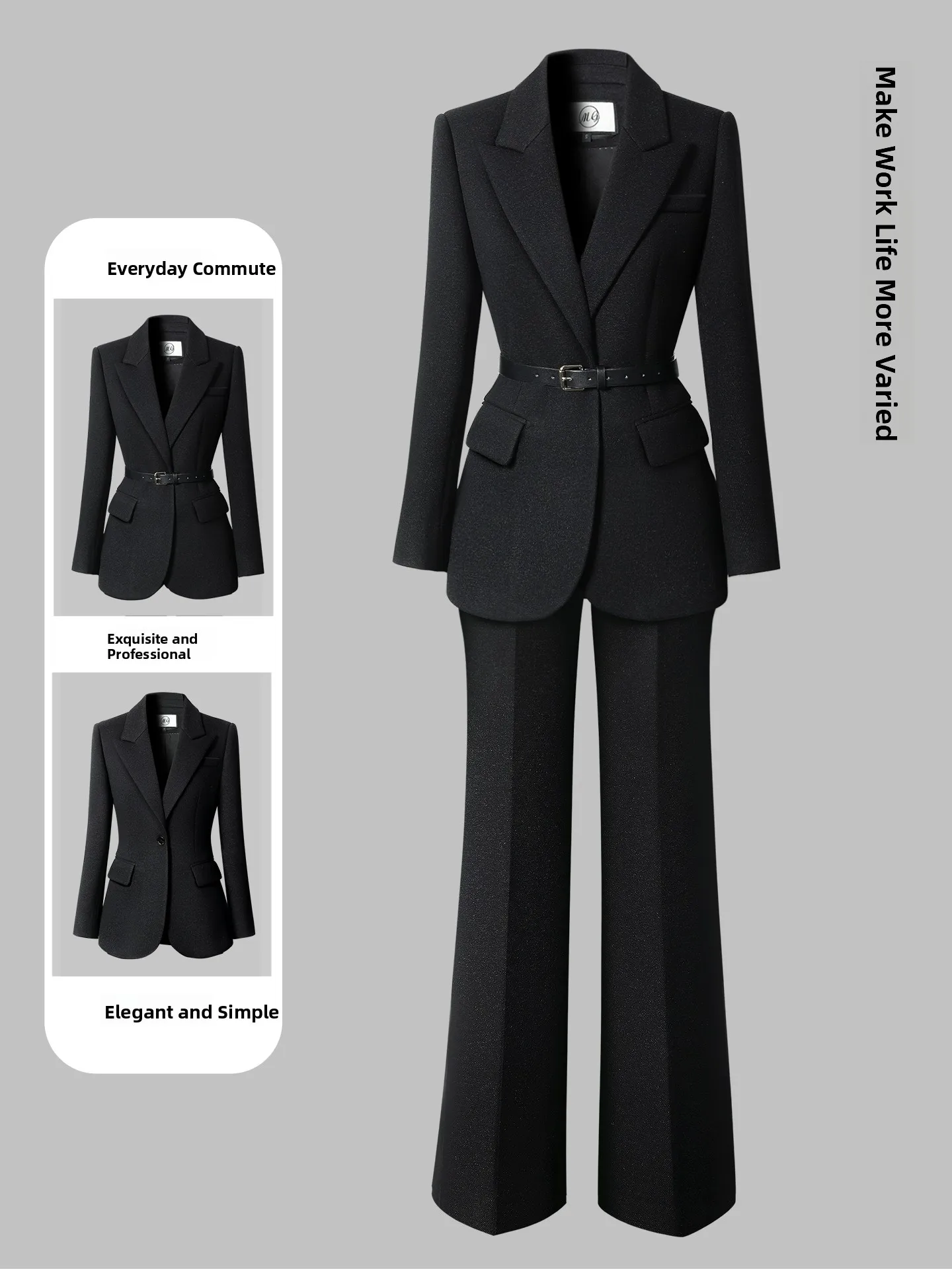 Black Suit Set for Women Winter Thickened Office Commute Formal Occasion Professional Outfit Long Sleeve Pants Ensemble