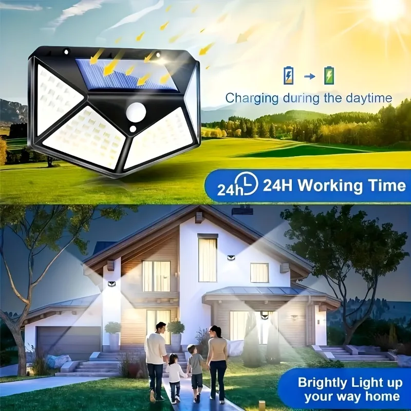 1~8Pcs 100LED Solar Lights with 270° Wide-Angle Motion Sensor 3 Modes Outdoor Waterproof Solar Wall Lights for Gate Yard Garage