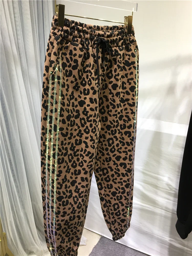 Side Vertical Drill Diamonds Women Sweatpants Spring Autumn Winter Elastiic Waist Casual Trousers Thicken Fleece Leopard Pants