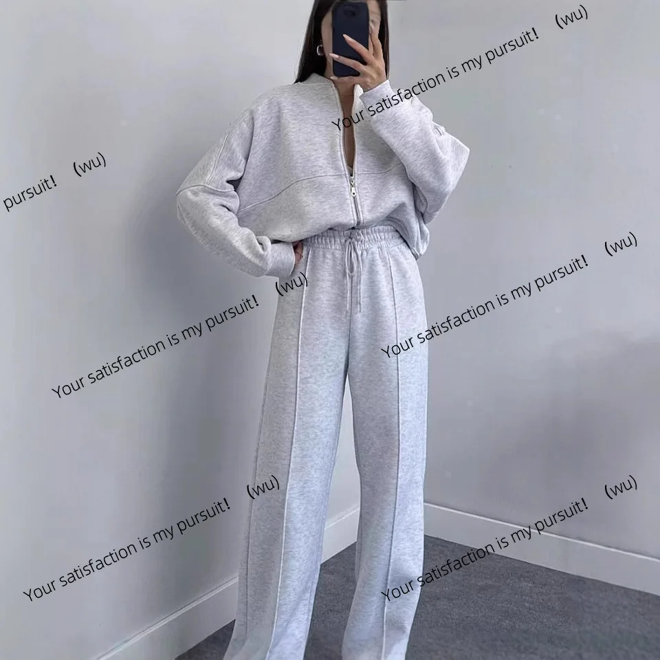 Setelan sweater cardigan ritsleting warna polos gaya Eropa dan Amerika dengan celana lurus kasual untuk wanita