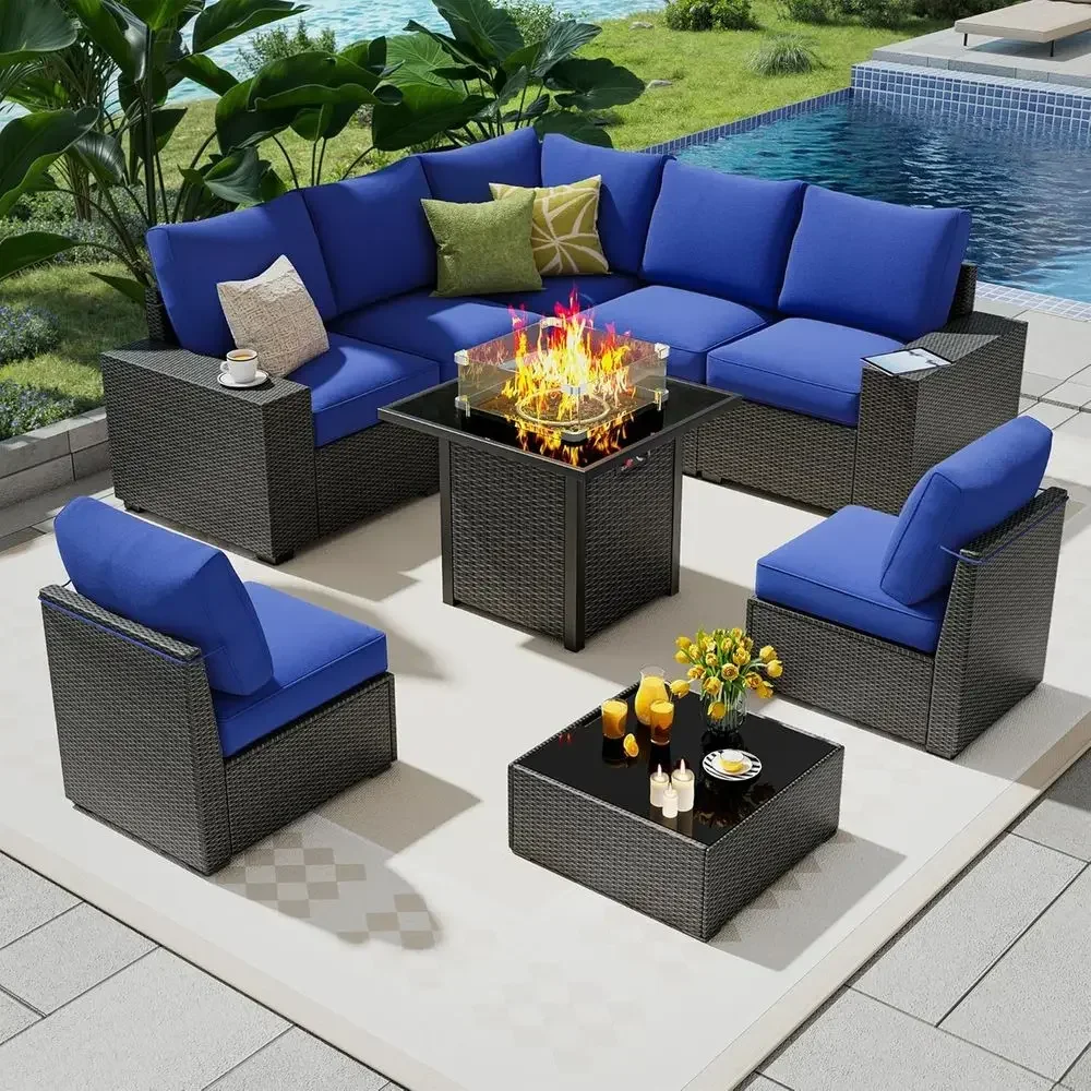 9-Piece Outdoor Patio Furniture Set with Fire Pit Table, Sectional Sofa, Rattan Wicker, Waterproof Cushions, Coffee/Blue