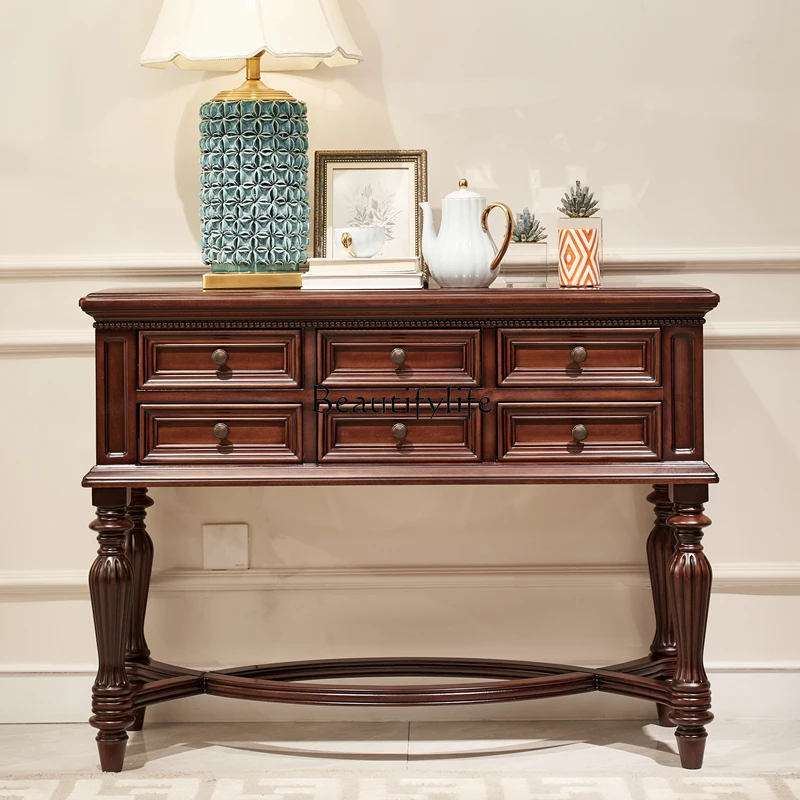 American black walnut porch table, locker, medieval storage against the wall, solid wood aisle cabinet