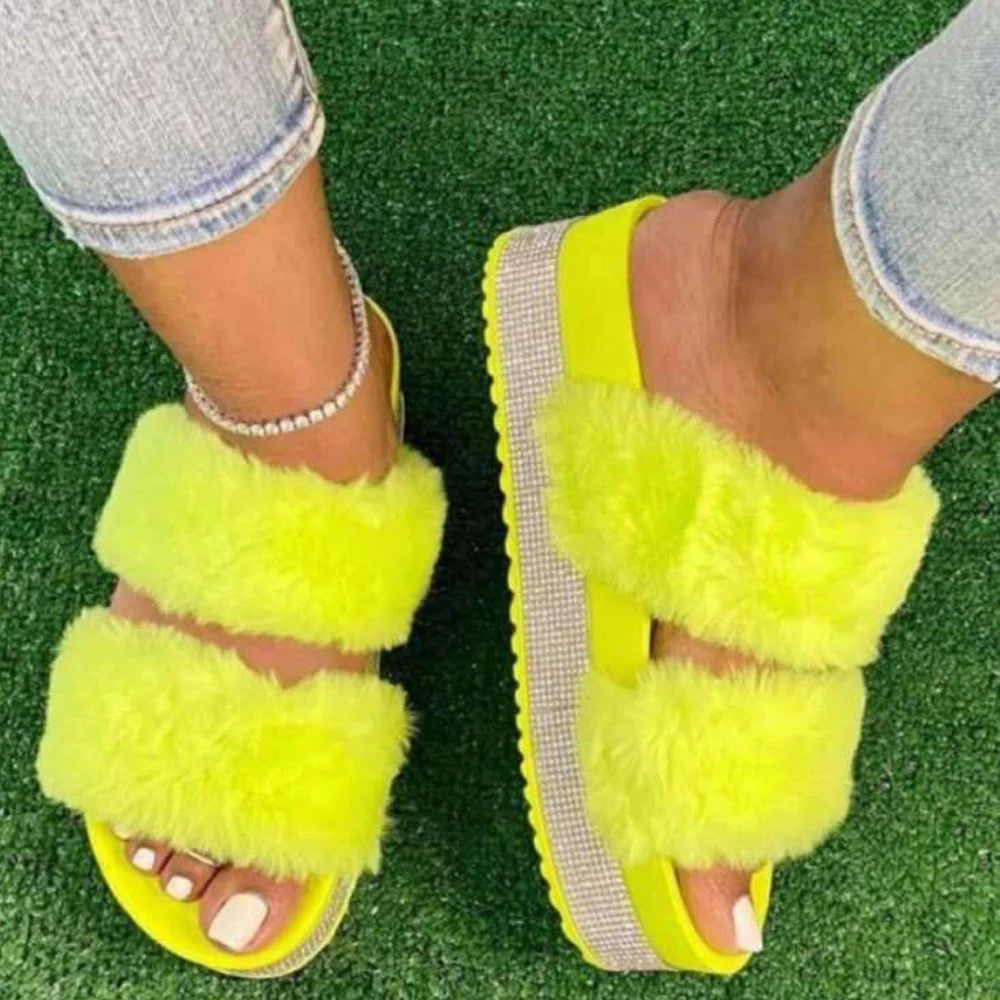 Summer Slippers Woman Faux Fur Slides Rhinestone Furry Pink Shoes Pantufas De Pelucia De Bi Fluffy Sliders Plush Slippers