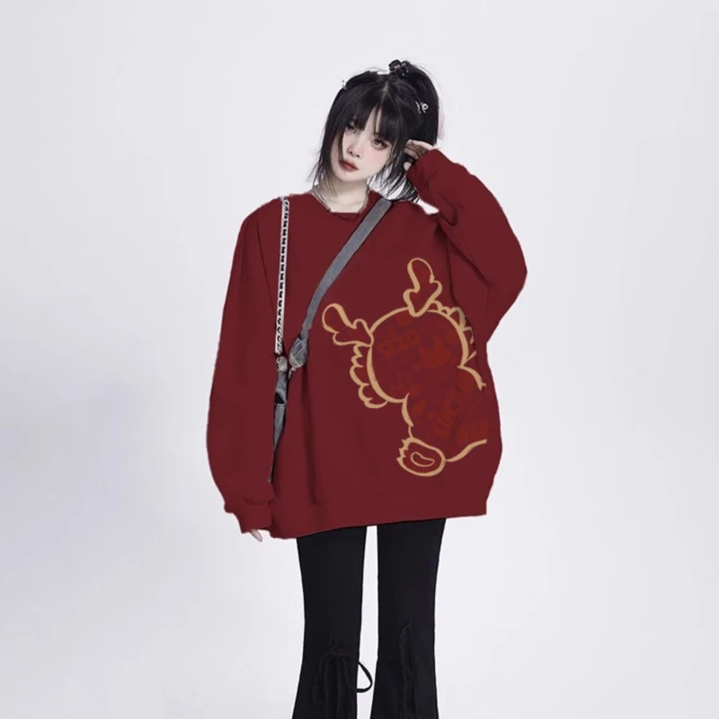 Hoodies Women 2024 Chinese New Year Dragon Lucky Blessing Cute Female Winter Clothing Plus Velvet Warm All-match Casual O-neck