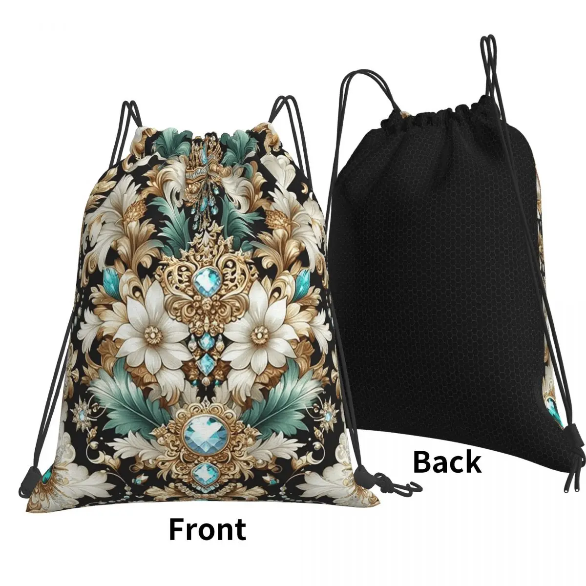 Teal And Cream Jeweled Baroque Backpacks Casual Drawstring Bags Sports Bag Book Bags for Travel School