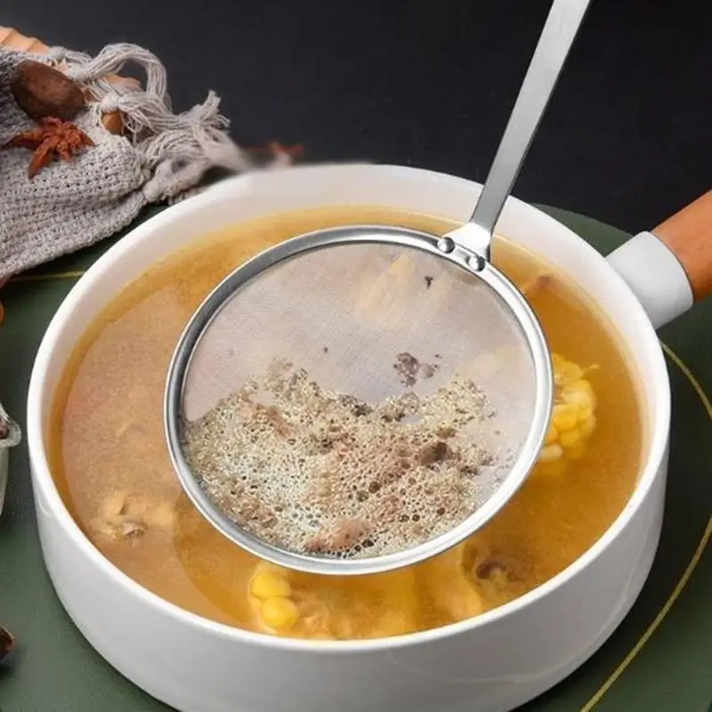 Food Grade Stainless Steel Fine Mesh Skimmer Ladle With Non Slip Handle Flat Metal Food Strainer Oil Residue Filter Colander Mul