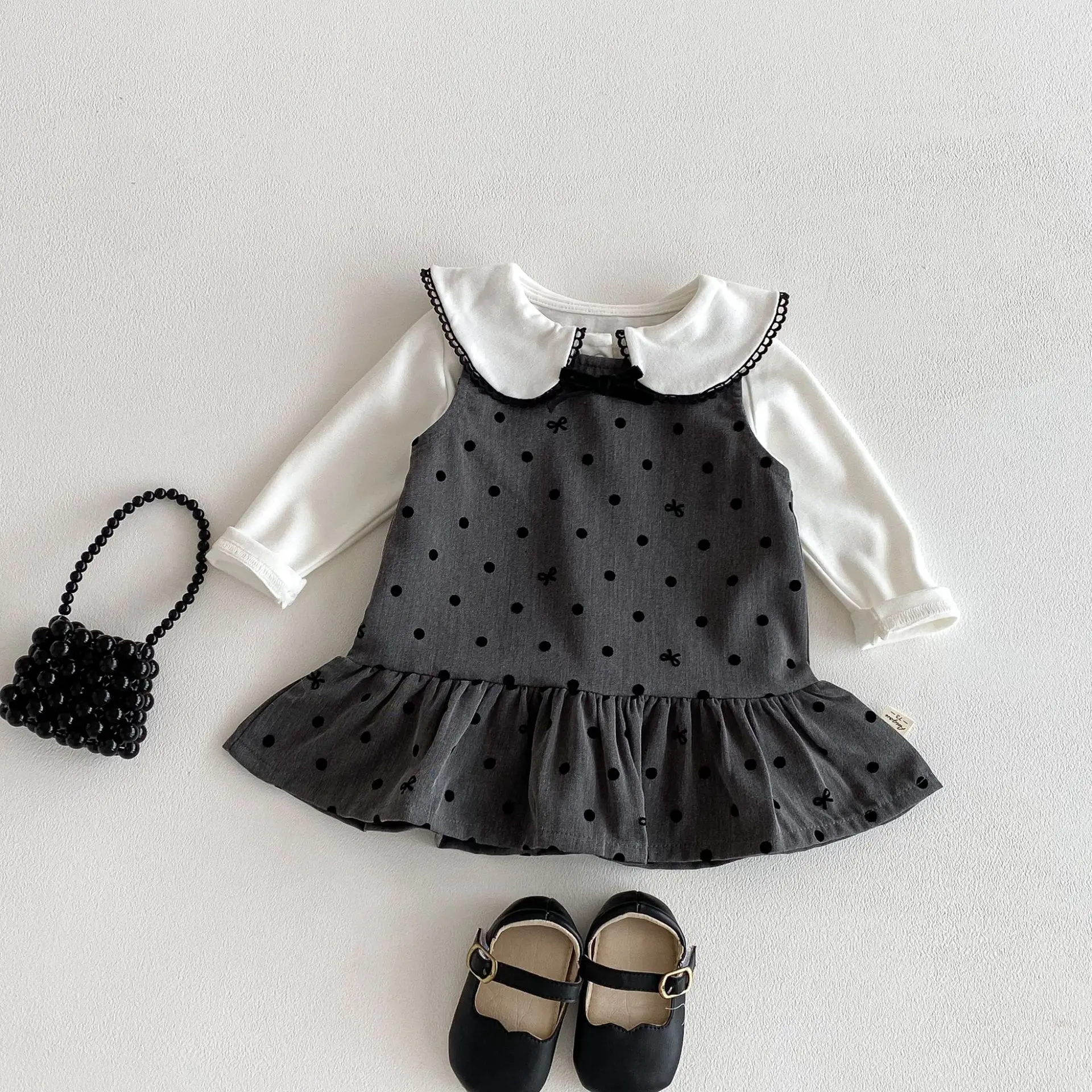 2026 Autumn New Baby Girl Dress Set Infant Girls Long Sleeve Peter Pan Collar Tops + Vest Dress 2pcs Suit Kids Toddler Outfits