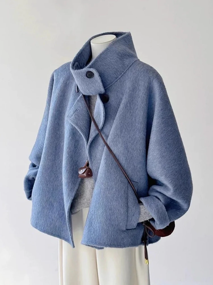 

Осень-зима 2021, новая высококачественная синяя свободная шерстяная куртка, женское пальто в корейском стиле с воротником-стойкой и темпераментом