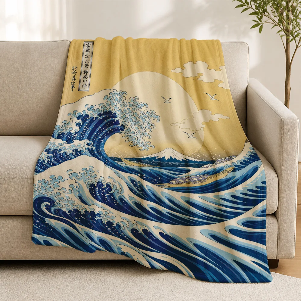 Large Decorative Japanese Great Wave Throw Blanket Sofa Cover Hokusai Art Ocean Print Cozy Anime Decor