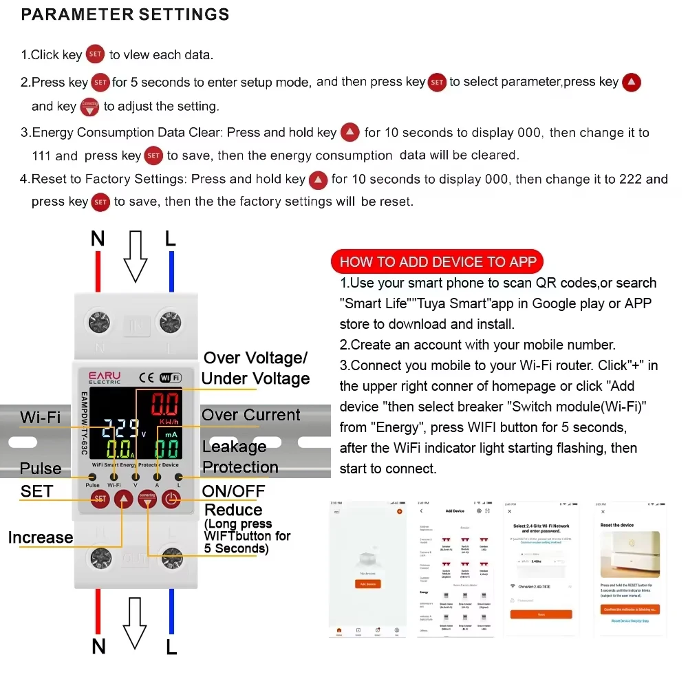 Imagem -05 - Tuya Wifi Medidor de Energia Inteligente Medidor de Energia Kwh Vazamento de Terra sobre sob Tensão Protetor Dispositivo Relé Interruptor Disjuntor 2p 63a 230v