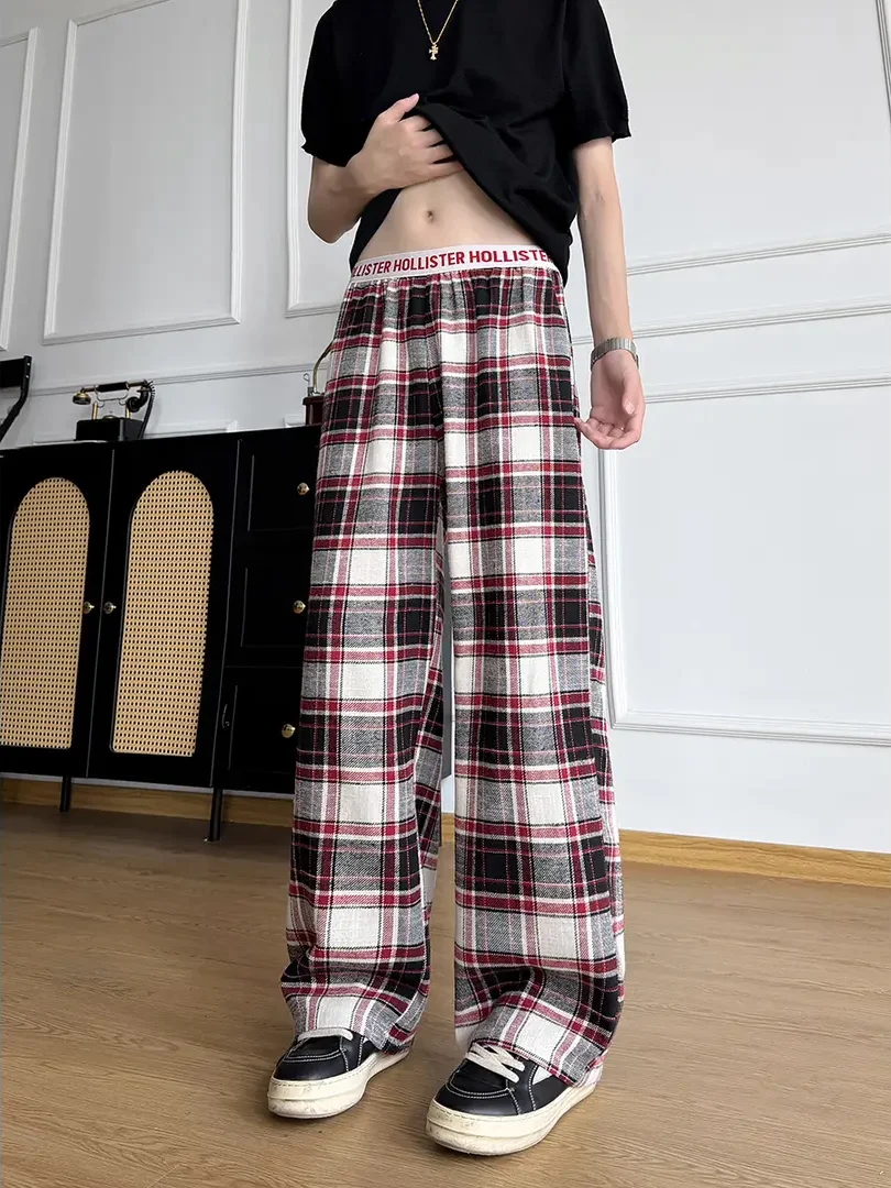 Vintage Red Plaid Casual Pants Men's Summer Thin American Retro Straight Leg Wide Leg Lazy Stroll Leisure Trousers