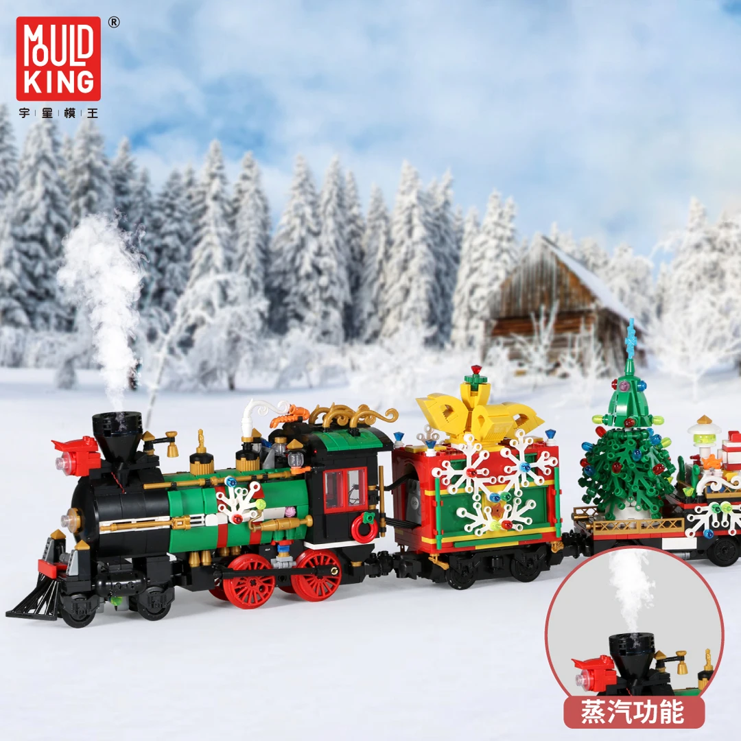 Christmas Series Building Block Steam Electric Train Santa\'s Electric Sleigh Winter Cottage Street Vie DIY Assembled Model Toy