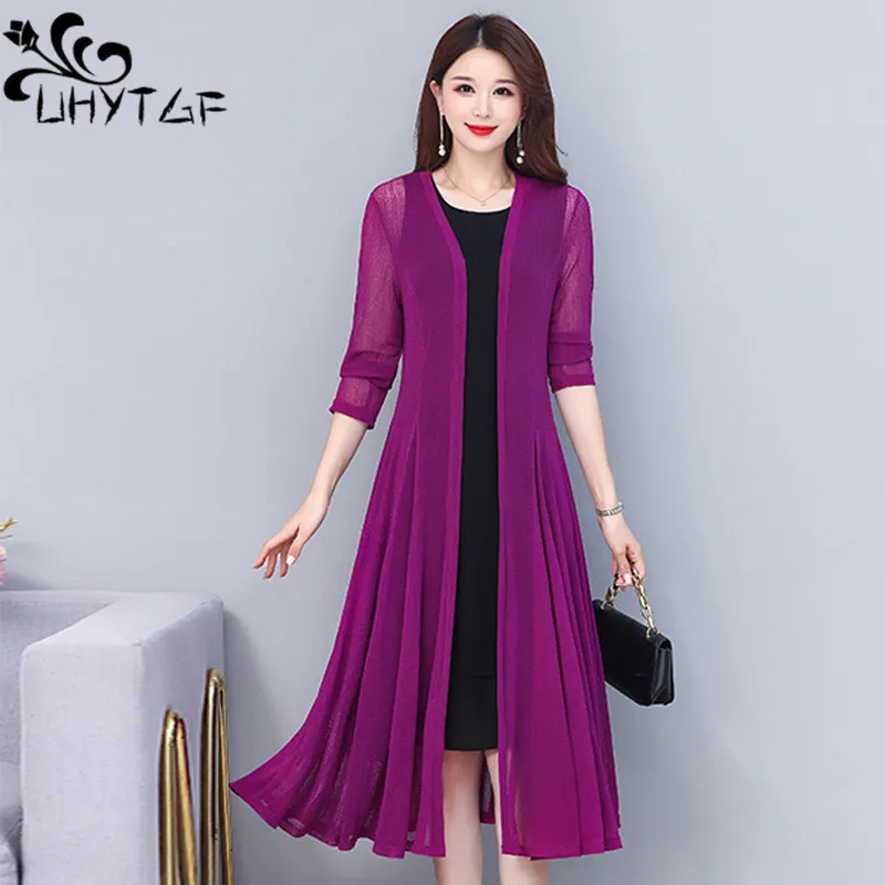 UHYTGF الحرير الجليد رقيقة معطف الحماية من الشمس المرأة الدانتيل الشاش سترة طويلة شال معطف الإناث كبيرة سوينغ الصيف سترة سيدة 2231