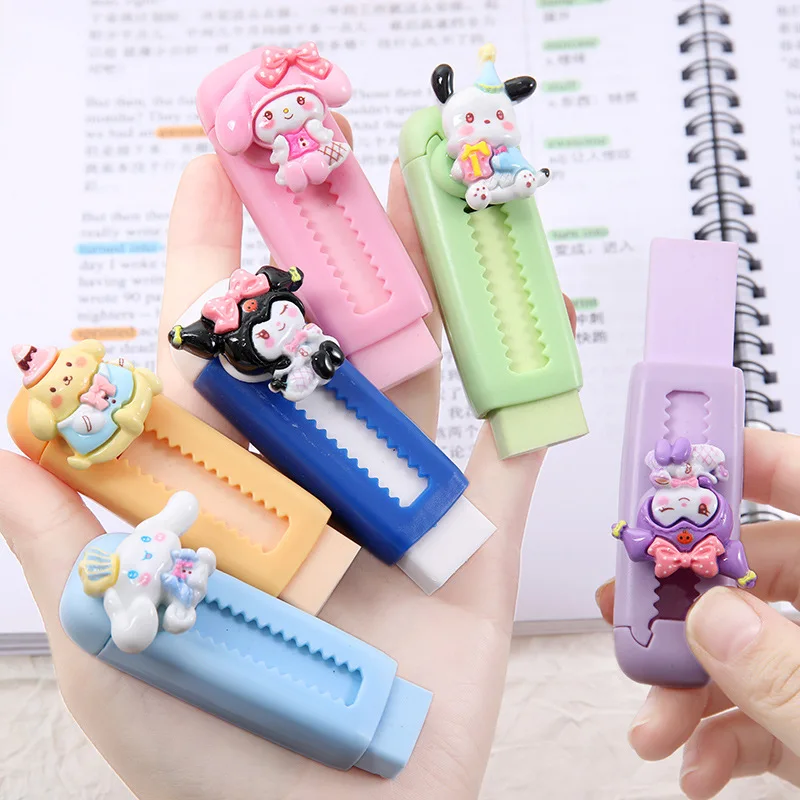 24pcs/lot Sanrio Push Pull Eraser Cute Melody Pochacco Writing Drawing Pencil Erasers Stationery For Kids Gifts School Supplies