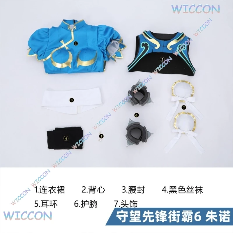 فستان جونو التأثيري زي لعبة SF OW Chunli لعب الأدوار الأزرق تشيباو الزي مجموعة كاملة شعر مستعار الكونغ فو بدلة حفلة الهالوين للمتعة