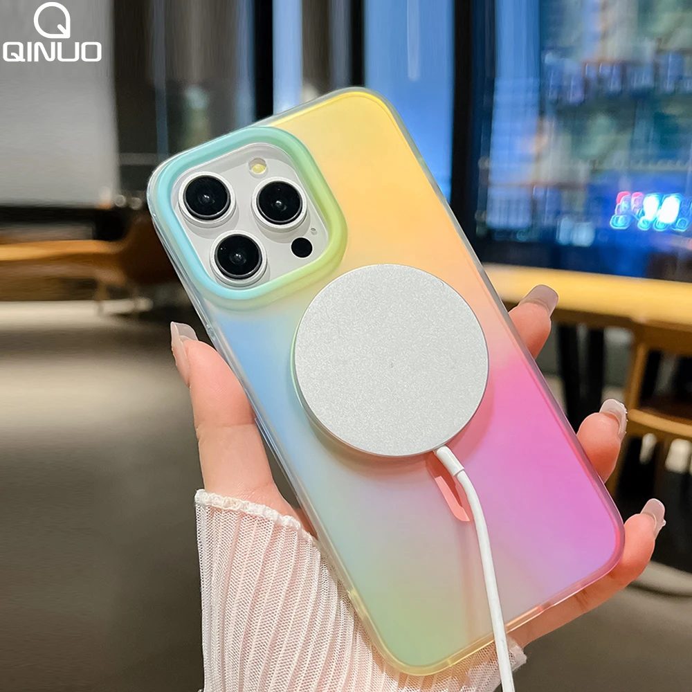 Funda de teléfono mate magnética con láser degradado de arcoíris para iPhone 16 15 Plus 14 Pro Max 13 para funda colorida con carga inalámbrica Magsafe