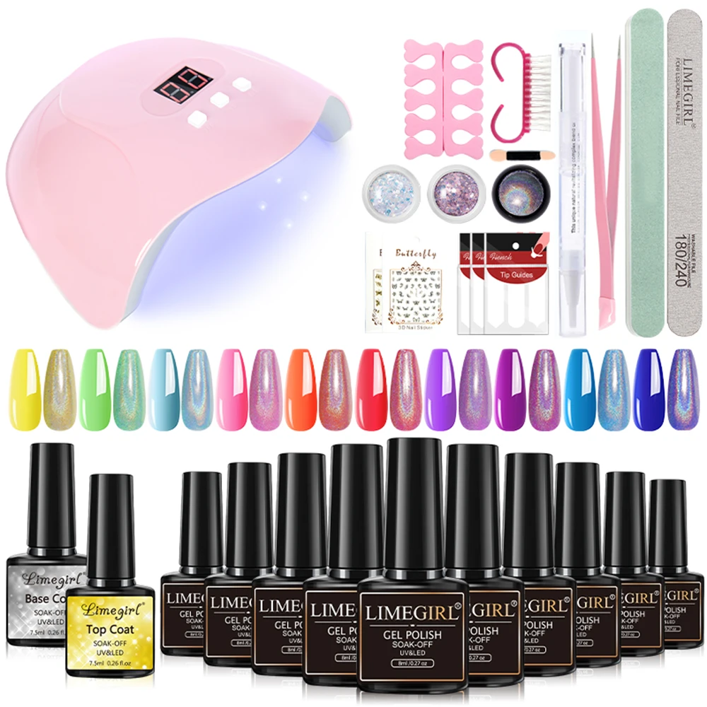 LIMEGIRL Juego de Esmalte de Uñas en Gel de 9 Colores con Luz UV LED, Esmalte de Gel Semipermanente, Capa Base, Herramienta de Pulido, Kit de Gel para Uñas