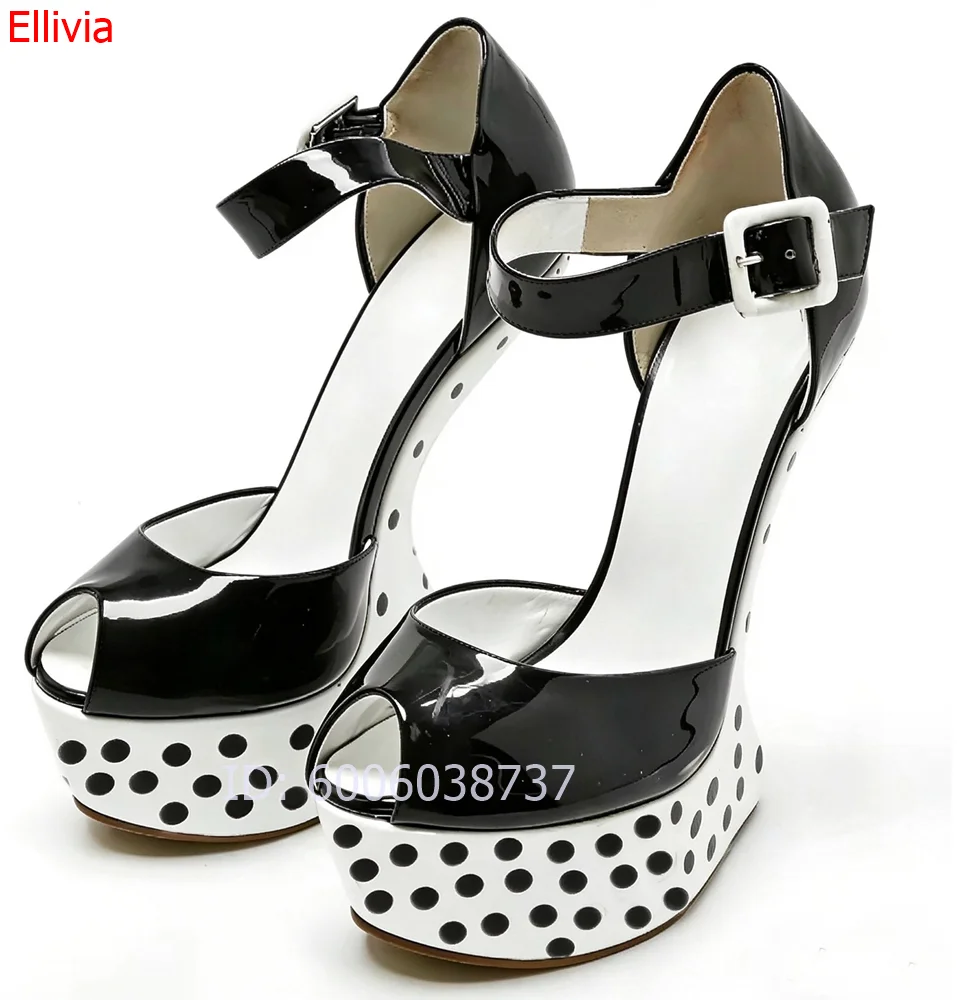 Women Polka Dot Wedge Sandals Peep Toe Ankle Strap Buckle Platform High Heels  Patent Leather Fashion Ladies Party Dress Shoes - view 2