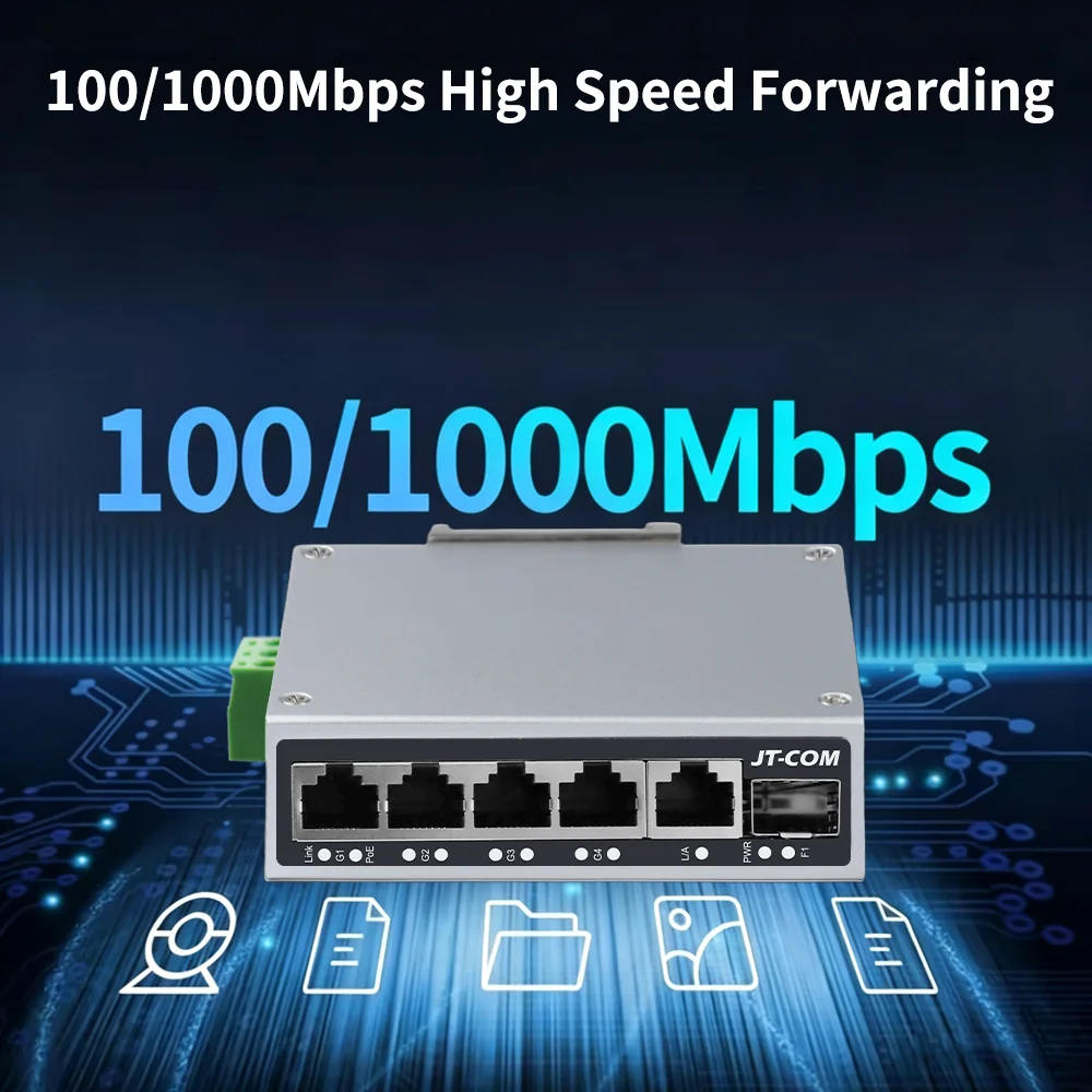 JT-COM 1.25GbE Smart Industrial PoE Switch 1*Gigabit SFP Port +1*1000M RJ45 Port +4*1000M POE RJ45 Ports for IP Camera/NVR