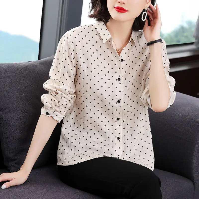 Female Clothing Polka Dot Printed Blouse Commute Long Sleeve Korean Single-breasted 2023 Spring Autumn Polo-Neck Straight Shirt