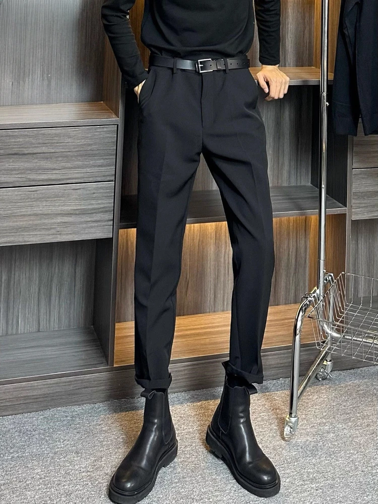 Man Suits Pants Tressed Slim Fit Tight 9 Cropped Korean Style Black Spring Clothes Trousers For Men Clothing Premium Fine