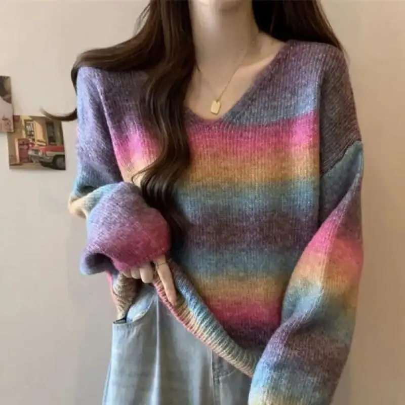 فتاة الخامس الرقبة شريط سترة الأميرة موضة عادية كم طويل محبوك قميص الخريف الشتاء الملابس خارج الملابس الداخلية الدوبامين #1