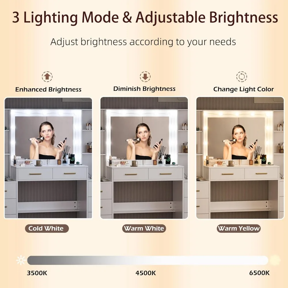 Vanity Desk with Mirror Lights,Makeup Vanity with 10LED Lights,Set with Stool Power Outlet 3Lighting Modes Adjustable Brightness