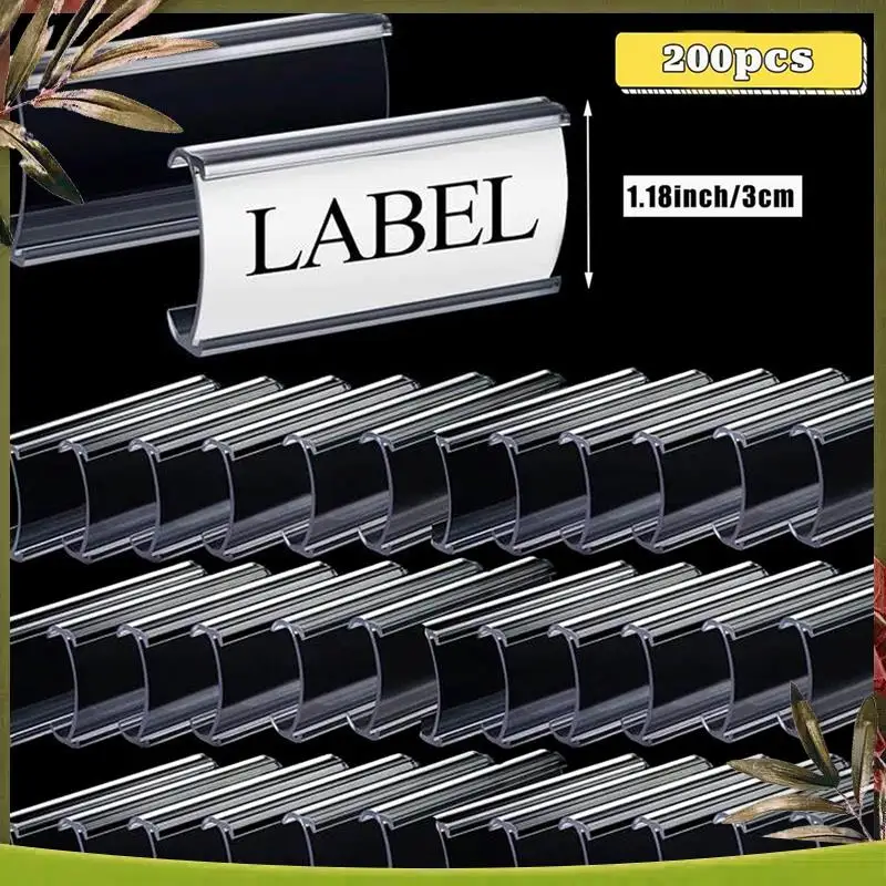 New-200 Pieces Wire Shelf Label Holders Set Plastic Label Shelf Clips With 200Pcs White Card Set Kit (2.95Inch X1.18 Inch)
