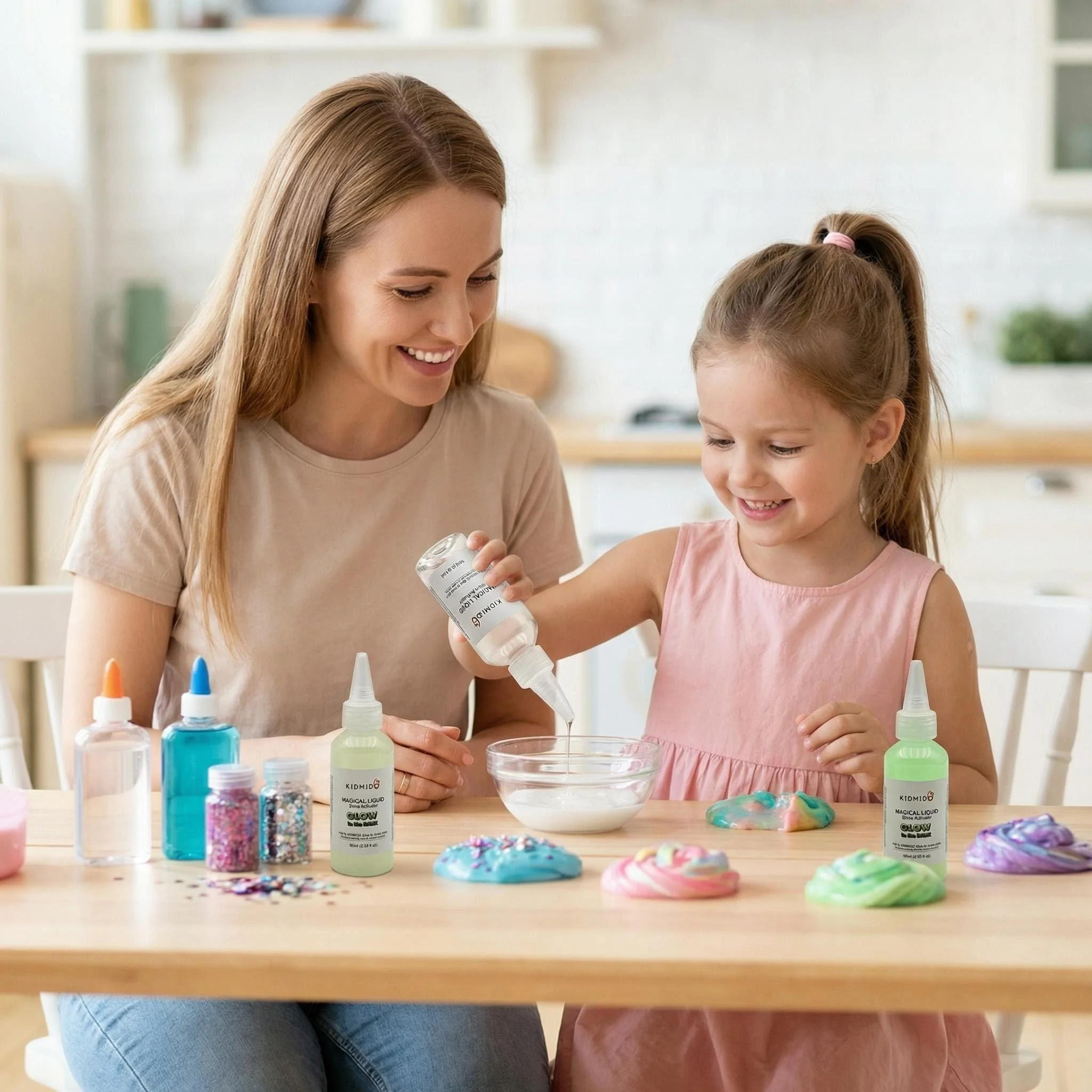 KIDMIDO-Activador de limo líquido mágico, juego de 2 paquetes, 2x2 Fl Oz: una transparente y una que brilla en la oscuridad, regalo, bricolaje y artesanía