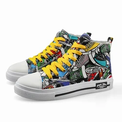 Sapato de lona colorido para homens e mulheres, sapatilhas femininas de top alto com renda, graffiti vamp, casual, primavera, verão, tamanho 35-44