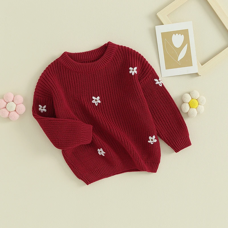 Toddler Baby Girl Boy Knit Sweater Cute Flower Embroidery Crewneck Pullover Long Sleeve Knit Infant Sweaters