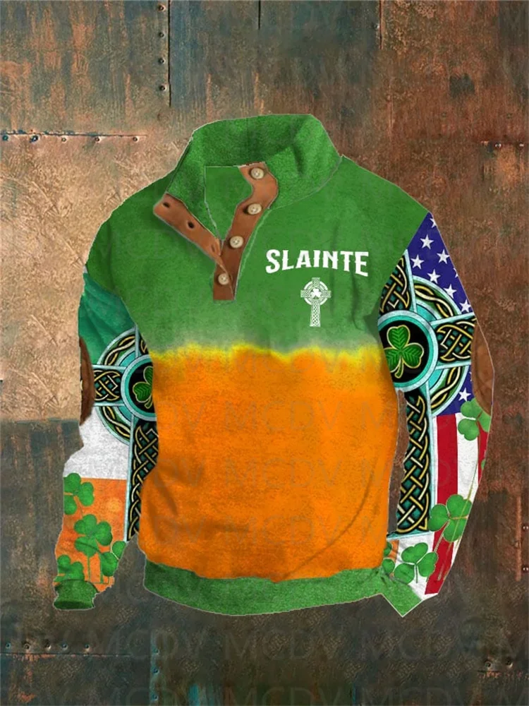 

Men's Irish Cross St.Patrick Day Flah Print Button Casual Sweatshirt Men's Polo Pullover Men Sweater