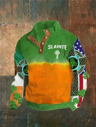 Men's Irish Cross St.Patrick Day Flah Print Button Casual Sweatshirt Men's Polo Pullover Men Sweater