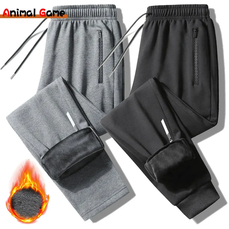 Winter Mens Zip Pockets Thicken Fleece Sweatpants Men Joggers Black Grey Warm Pants Male Thermal Autumn Down Trousers 7XL