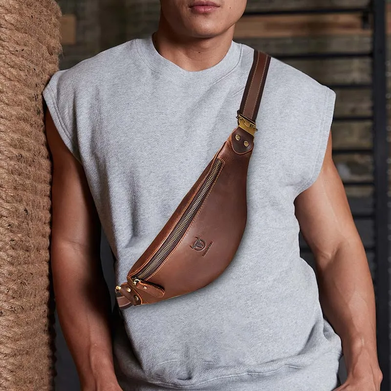 Genuine Leather Men Waist Bag Vintage Small Fanny Belt Bag Casual Multifaction Travel Crossbody Chest Bag Luxury Design Handbag