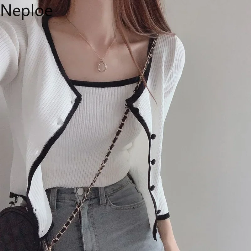 Neploe Fashion Cropped Sweater Korean Y2K Cardigan Two-piece Women Knit Pink Cardigans Patchwork Woman Clothes Pull Femme Sets