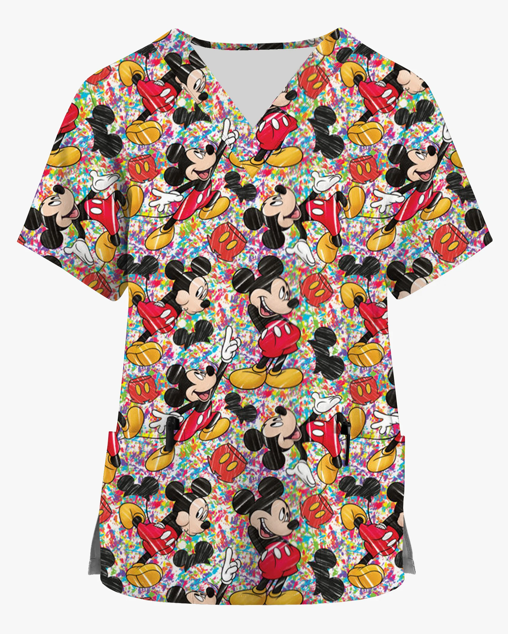 

Fashion New Style Unisex Disney Series Mickey Mouse Print Work Short Sleeve Top Ophthalmology Hospital V-neck Nurse Uniform